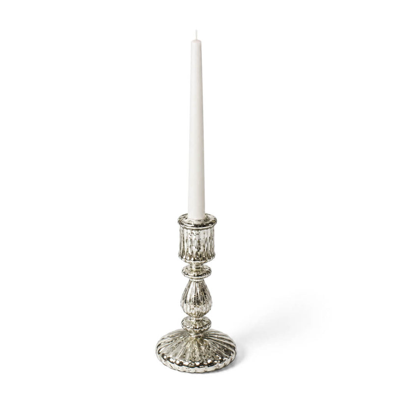 7" Ribbed Unique Mercury Glass Taper Candle Holder holding a single unlit white candle - thumbnail number 2