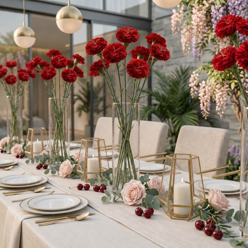 27" red carnations in tall glass vases decorating a long dinner table - thumbnail number 4