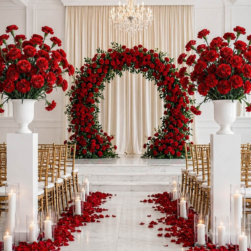 27" red carnations decorating a grand wedding venue aisle and arch - thumbnail number 3