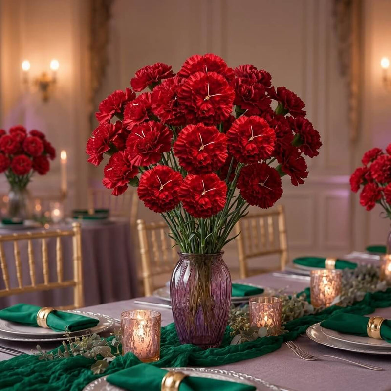27" red carnations in a purple vase on a festive dining table - thumbnail number 5