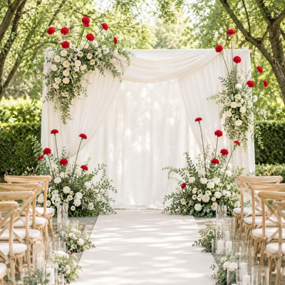 27" red carnations decorating a white wedding ceremony arch and aisle - thumbnail number 7