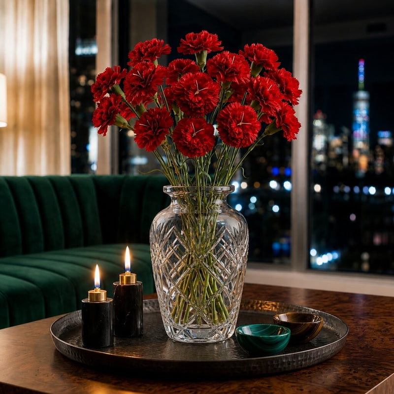 27" red carnation bouquet in a crystal vase on a tray with candles - thumbnail number 9
