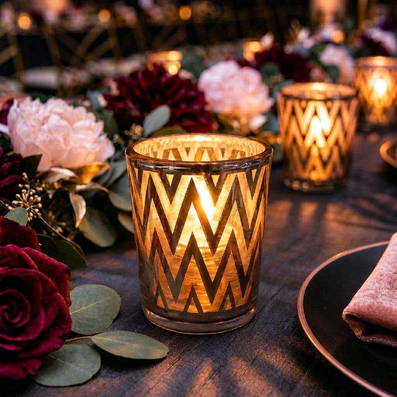 Rose gold chevron glass candle holders on moody floral tablescape - thumbnail number 6