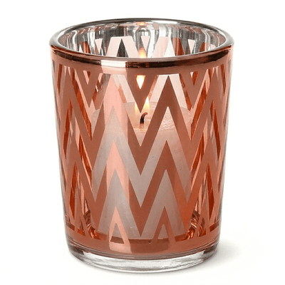 Rose gold chevron glass holder with lit white votive candle - thumbnail number 3