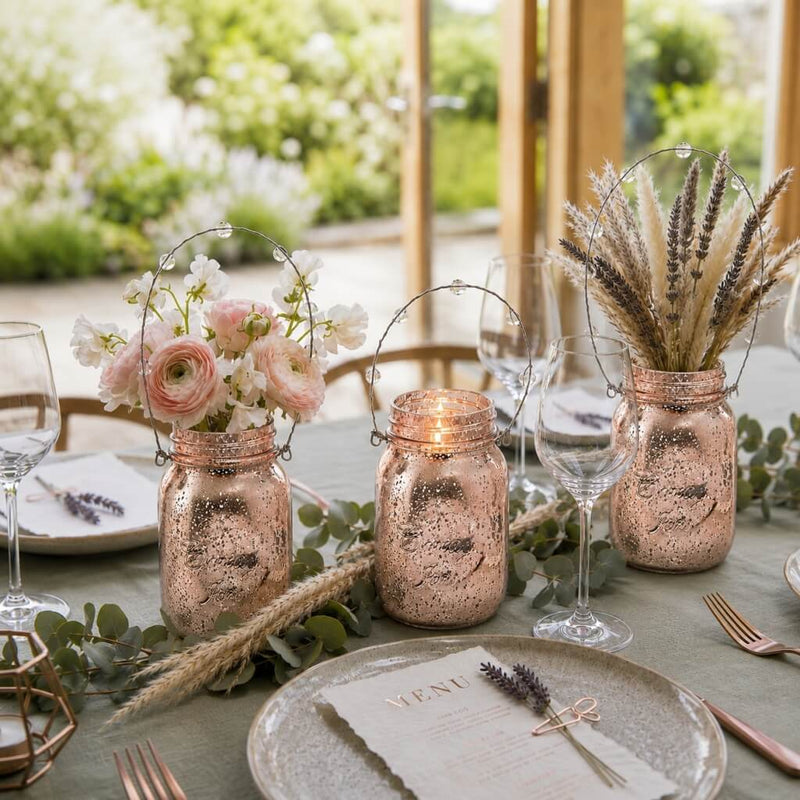 Rose gold mercury hanging mason jars on a tablescape - thumbnail number 4