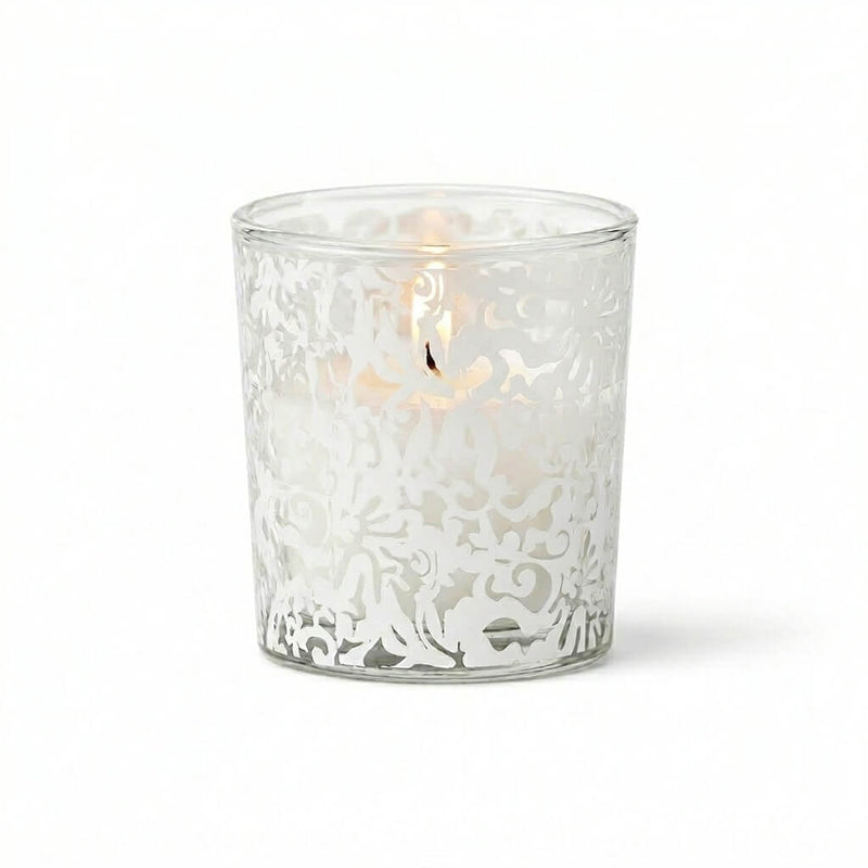 White lace design votive candle holder with lit candle on white background - thumbnail number 3