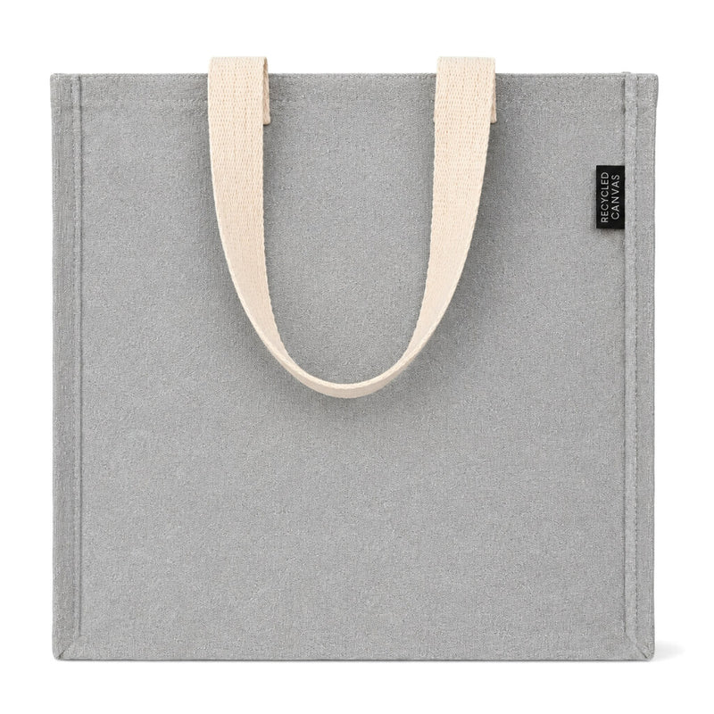 12" x 12" gray recycled canvas tote bag with cream straps on a white background - thumbnail number 2