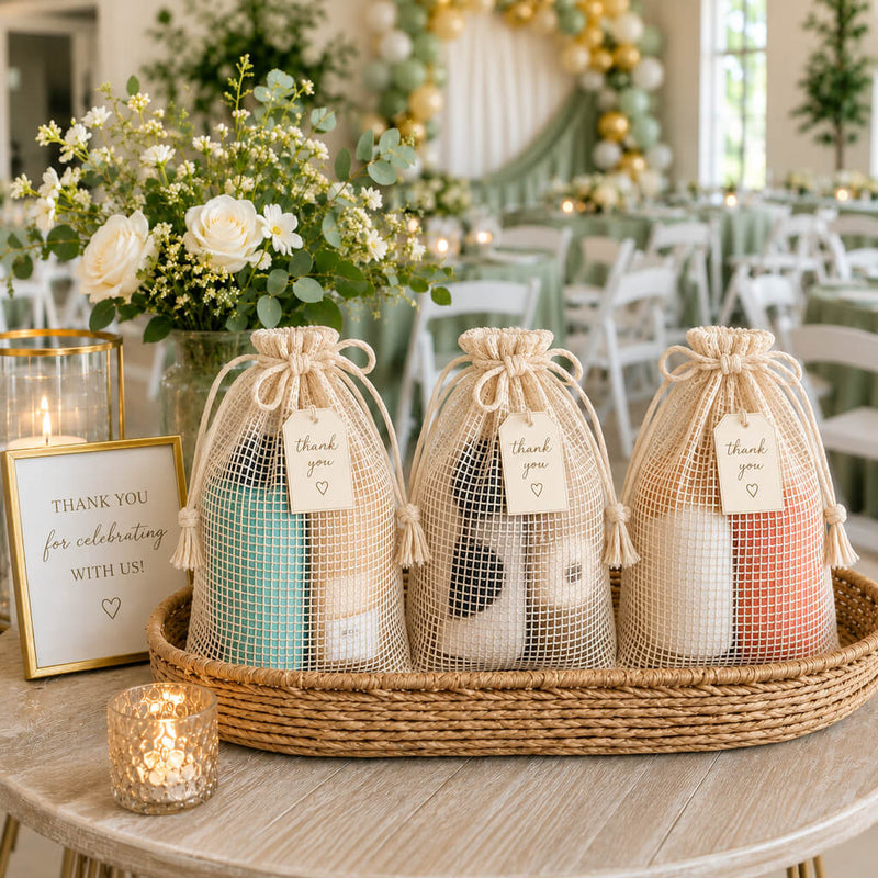 Natural cotton net drawstring gift bags with thank you tags on a wooden tray - thumbnail number 3