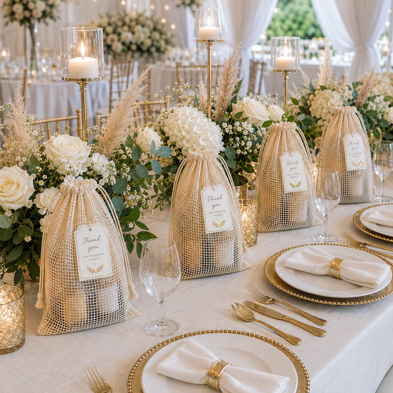 Natural cotton net drawstring gift bags with thank you tags on a wedding dinner table - thumbnail number 5