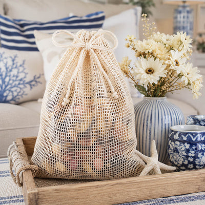 Natural cotton net drawstring bag filled with potatoes on a wooden tray - thumbnail number 7