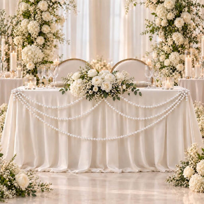 Wedding table draped with glossy white faux pearl bead garlands and floral arrangements - thumbnail number 5