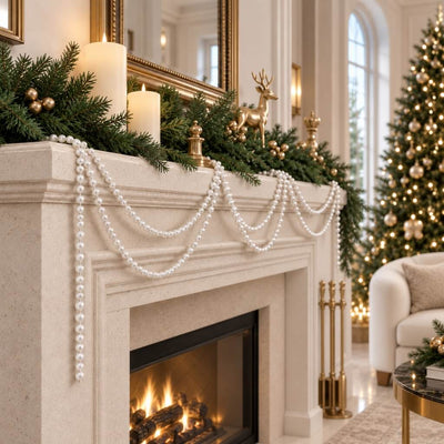 Fireplace mantel decorated with festive faux pearl bead garlands and evergreen boughs - thumbnail number 9