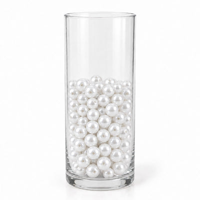 Tall glass vase filled with 10mm glossy white faux pearl craft beads - thumbnail number 2