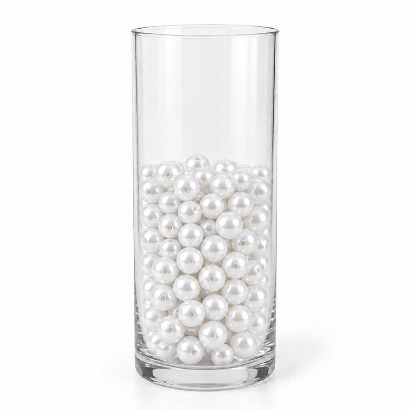 Tall glass vase filled with 10mm glossy white faux pearl craft beads - thumbnail number 2