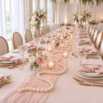Long wedding dining table runner styled with a pink fabric drape, pearls, candles, and pink florals - thumbnail number 3