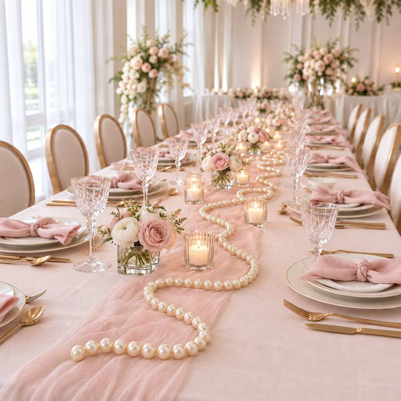 Long wedding dining table runner styled with a pink fabric drape, pearls, candles, and pink florals - thumbnail number 3
