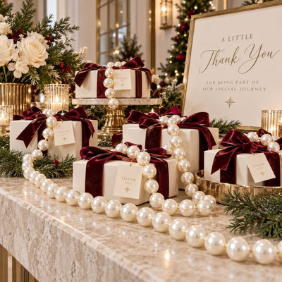 Gift boxes wrapped with velvet bows and draped with strands of white faux pearls for a holiday display - thumbnail number 4