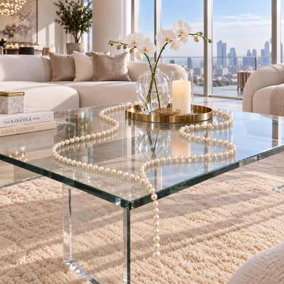 Glass coffee table draped with ivory faux pearl bead strands near a centerpiece tray with orchids and a candle - thumbnail number 11