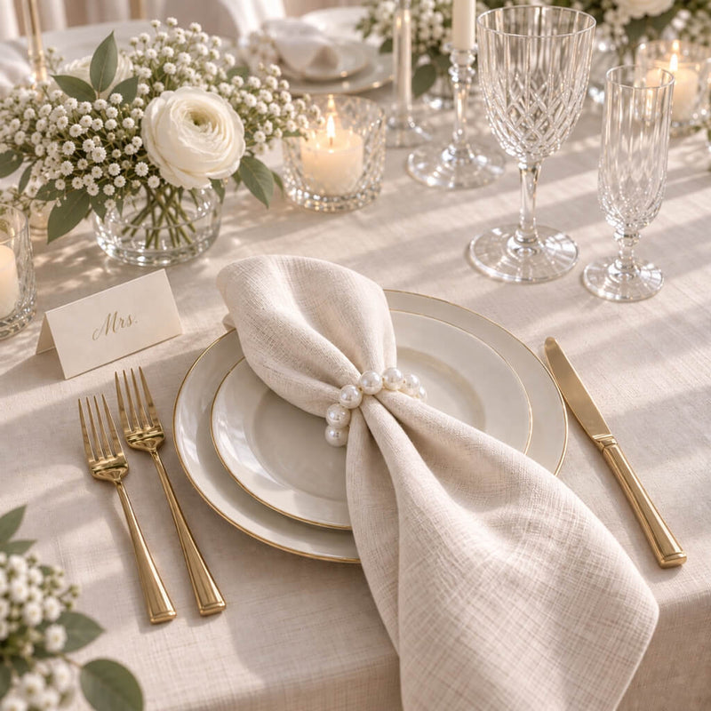Cloth napkin secured with a faux pearl napkin ring on a table setting - thumbnail number 7