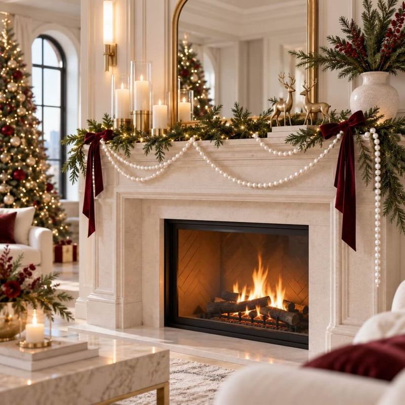 Fireplace mantel decorated with garland, candles, and white faux pearl bead strands - thumbnail number 8