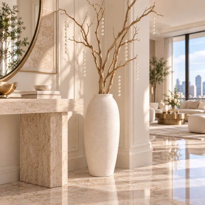 Tall white floor vase with decorative branches adorned with hanging pearl strands on a glossy floor - thumbnail number 9