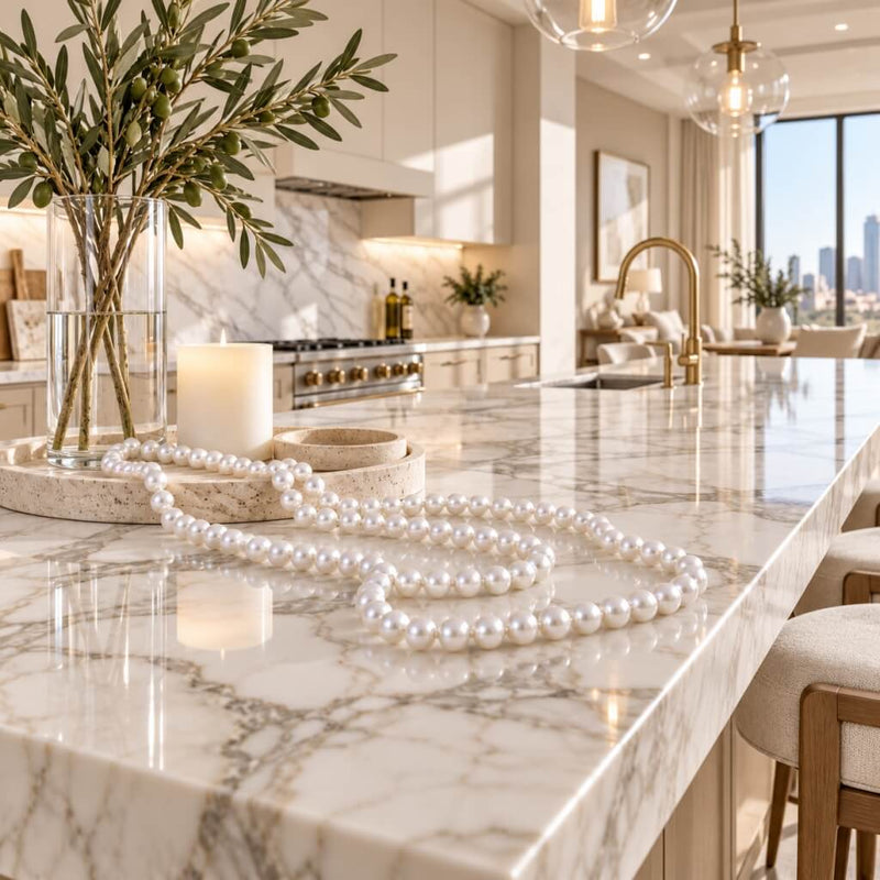Strands of white faux pearl beads displayed on a marble kitchen island counter - thumbnail number 10