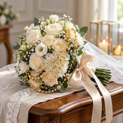 Gold faux pearl string beads draped over a bridal bouquet of white roses and a satin ribbon - thumbnail number 2