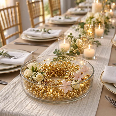 Gold faux pearl string beads used as vase filler with white flowers inside a glass bowl - thumbnail number 3