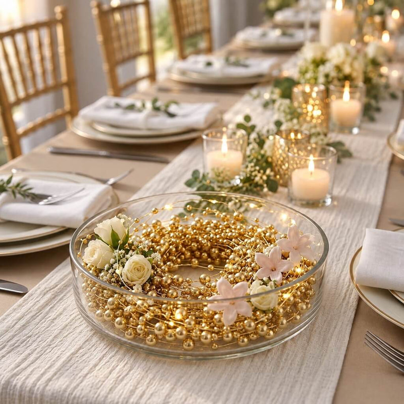 Gold faux pearl string beads used as vase filler with white flowers inside a glass bowl - thumbnail number 3