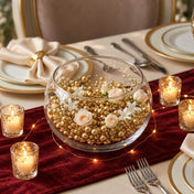 Gold faux pearl string beads used as vase filler with white flowers inside a glass bowl - thumbnail number 4