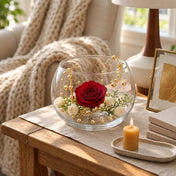 Gold faux pearl string beads used as vase filler with a red rose and white flowers inside a bowl - thumbnail number 8