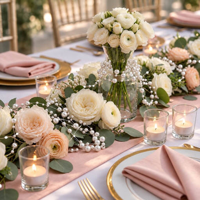 White faux pearl string beads wrapped around a centerpiece vase with white flowers - thumbnail number 4
