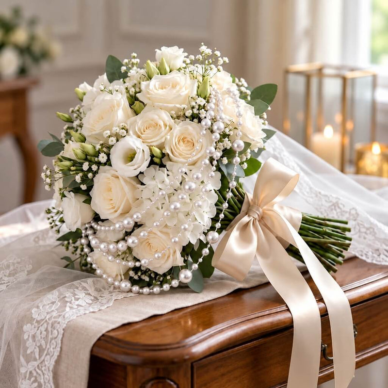 White faux pearl string beads draped over a bridal bouquet of white roses and a satin ribbon - thumbnail number 7