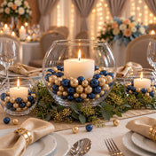 Round glass bowl vases filled with navy blue and gold pearls surrounding lit candles - thumbnail number 7