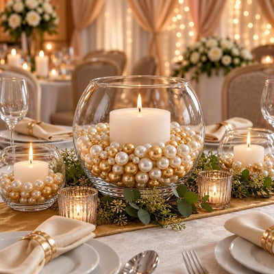Round glass bowl vases filled with off-white and gold pearls surrounding lit candles - thumbnail number 2