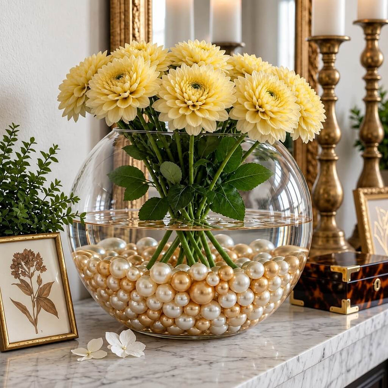 A glass bubble bowl vase with yellow flowers, filled with off-white and gold pearl beads - thumbnail number 6