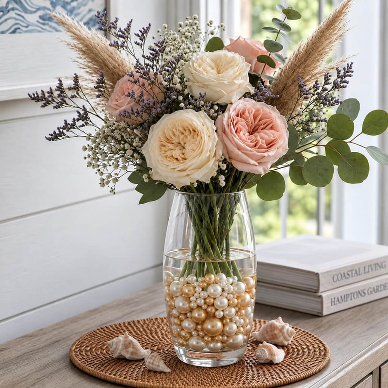 A glass vase with a floral arrangement sits on a woven mat, filled with off-white and gold pearl beads - thumbnail number 8