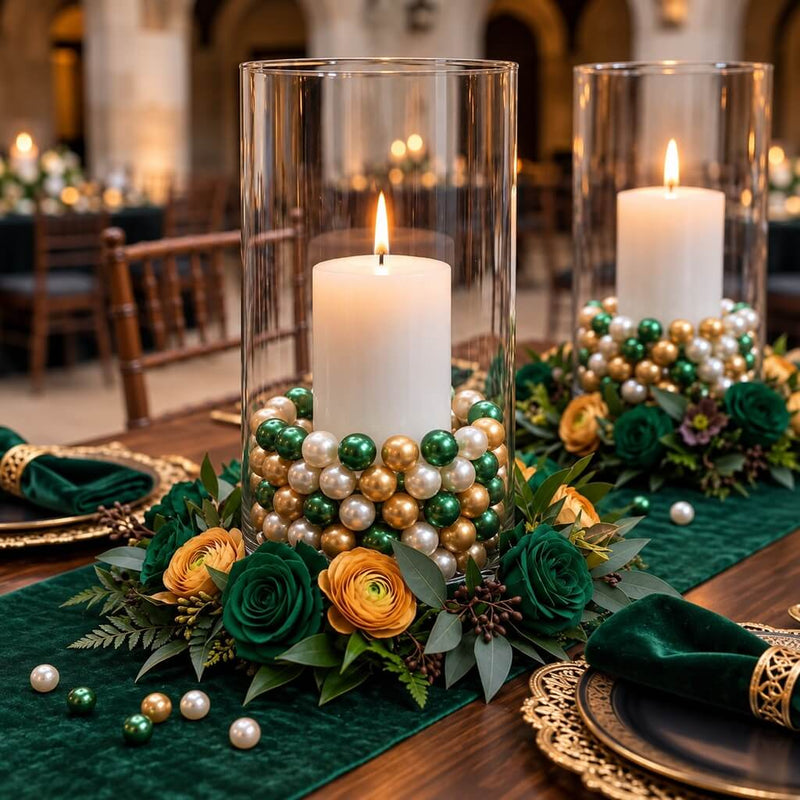 Green, gold, and white pearl beads fill glass vases around lit candles - thumbnail number 4
