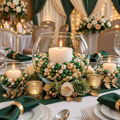 Round glass bowl vases filled with green, gold, and white pearls surrounding lit candles - thumbnail number 5