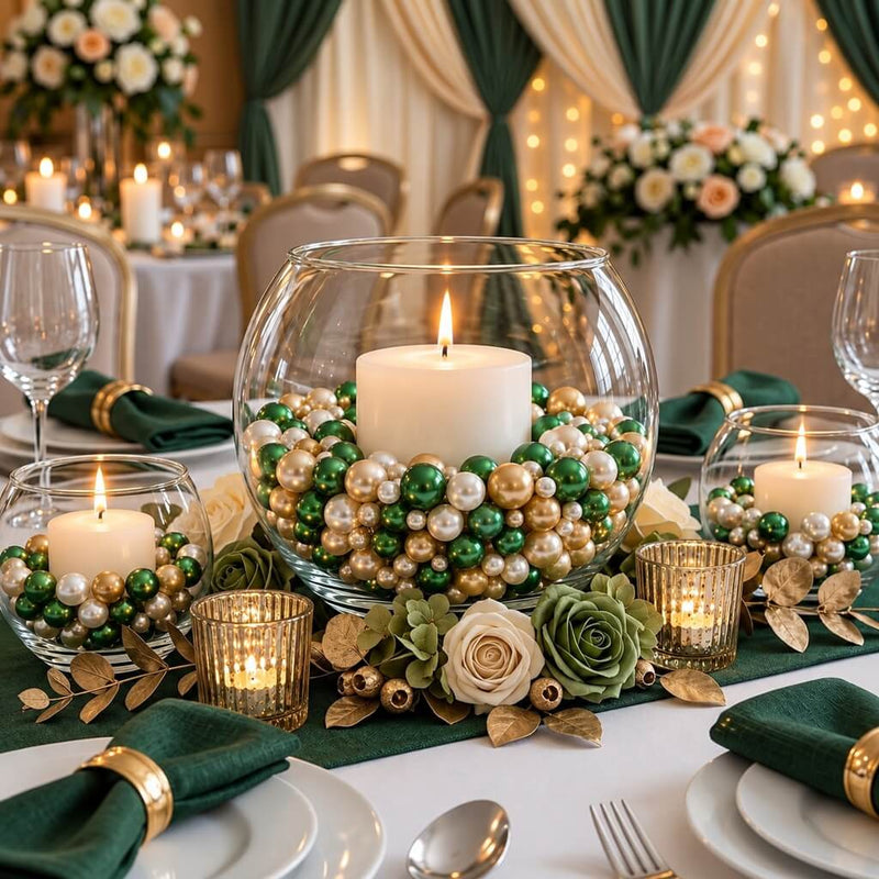 Round glass bowl vases filled with green, gold, and white pearls surrounding lit candles - thumbnail number 5