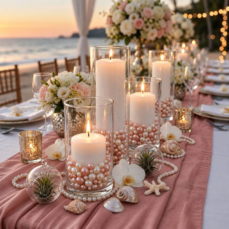 Lit white candles in glass cylinders filled with rose gold and off-white pearls at a beach wedding - thumbnail number 6