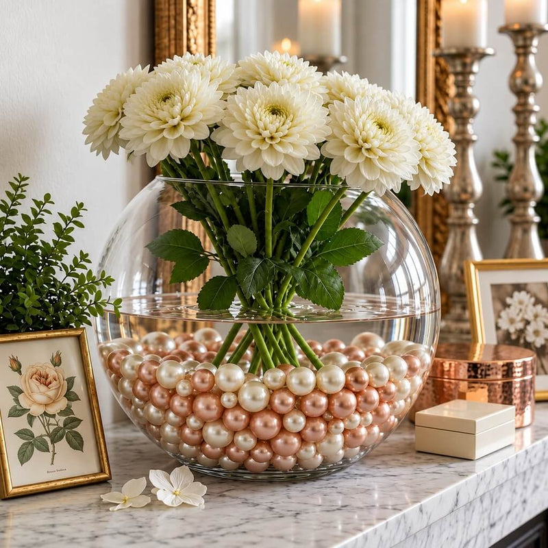 White dahlias in a glass bowl vase filled with rose gold and off-white pearl beads on a mantle - thumbnail number 10