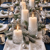 Glass cylinder vases with lit candles, filled with clear water gel beads on a festive holiday table - thumbnail number 3