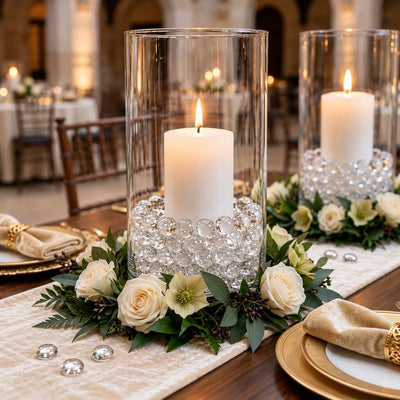 Clear water gel beads fill glass vases around lit candles and floral rings - thumbnail number 5