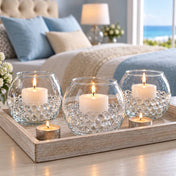 Three glass bowl vases with lit candles surrounded by clear water gel beads on a tray - thumbnail number 6