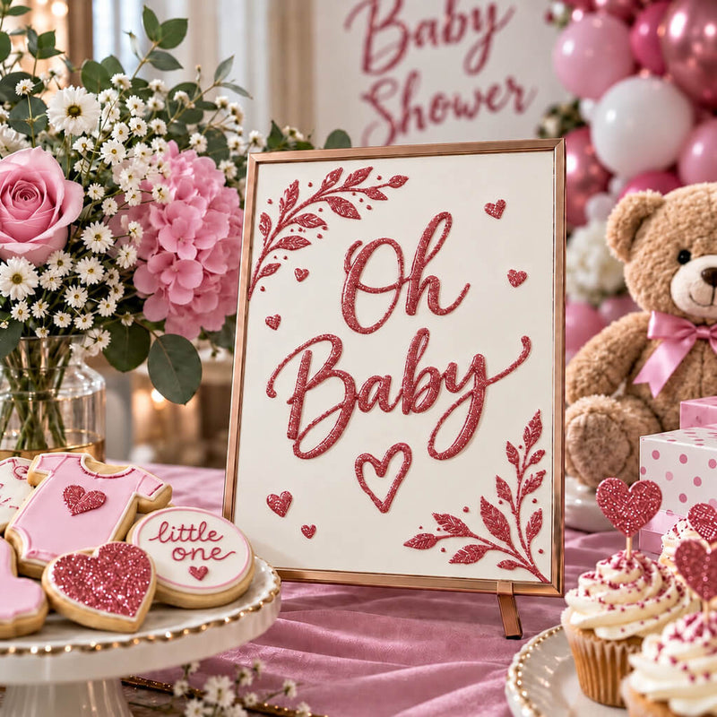 Baby shower sign with rose gold glitter lettering, surrounded by themed treats and decor - thumbnail number 4