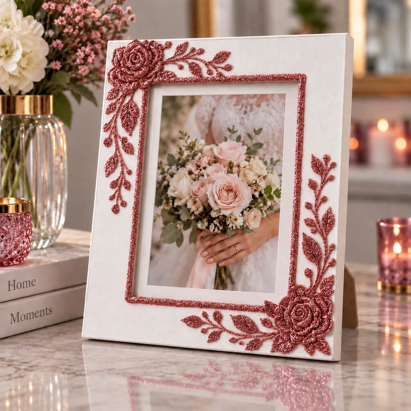 White picture frame decorated with rose gold glitter roses holding a wedding photo - thumbnail number 8