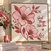 DIY floral canvas art created with rose gold glitter and light pink paint, framed on a table - thumbnail number 9