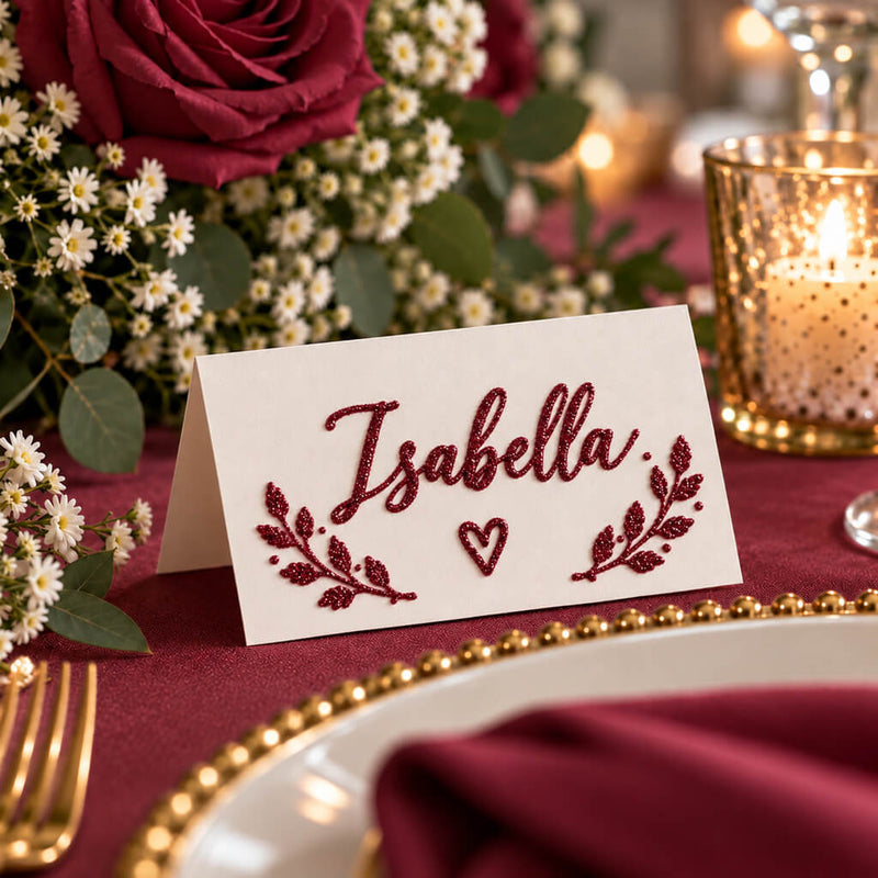 Place card with burgundy glitter calligraphy reading Isabella on a festive table setting - thumbnail number 4