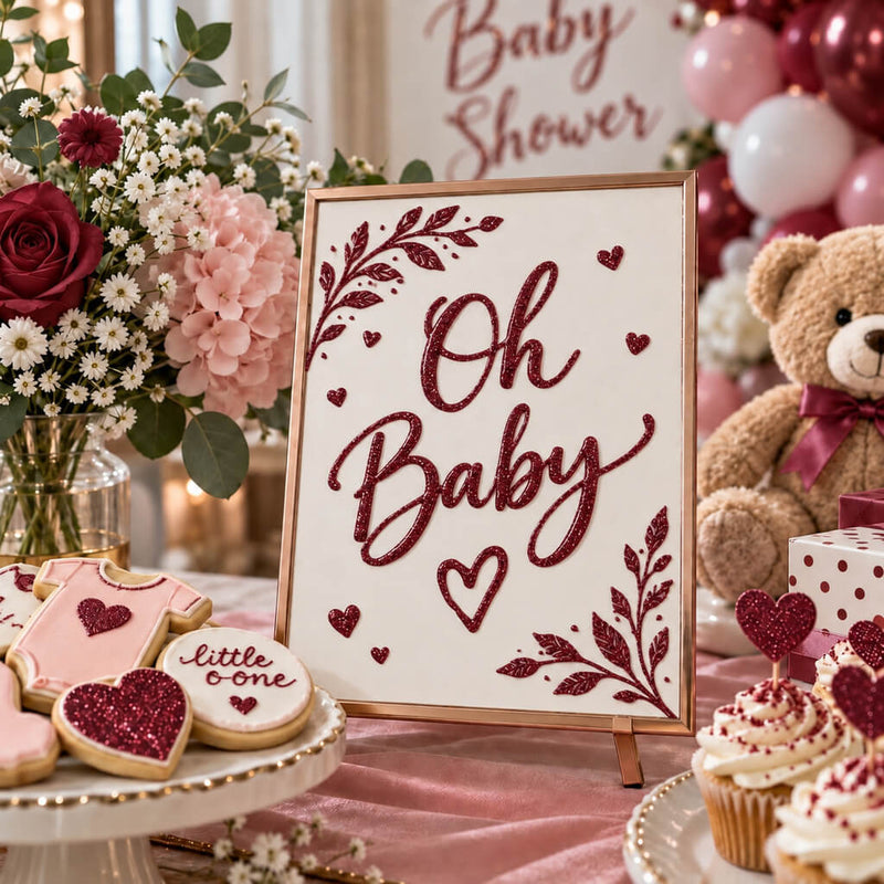 Oh Baby sign with burgundy glitter for a baby shower setup - thumbnail number 5